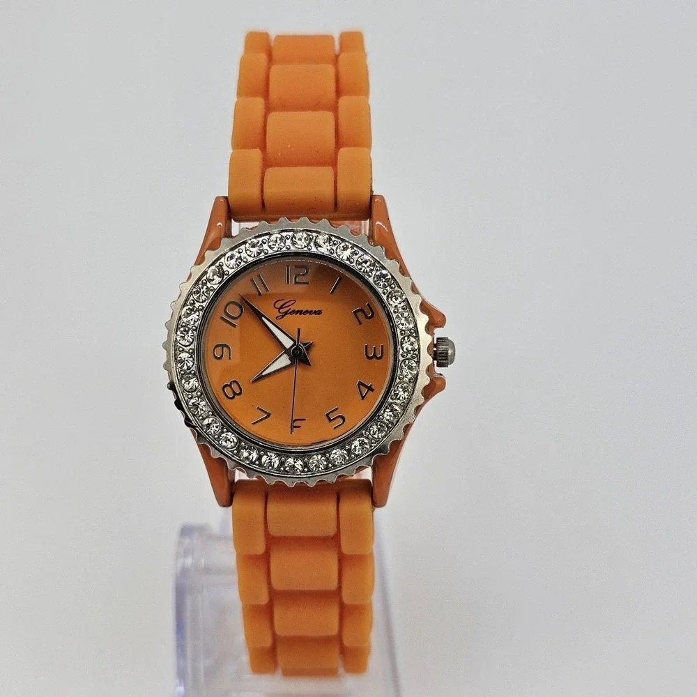 30MM Watch Women Orange Dial Crystal Bezel‎ Orange Plastic Bands New Battery